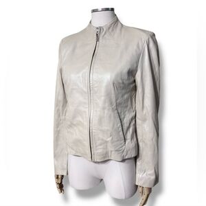 SIENNA STUDIO Ivory Pearlescent Leather Biker Jacket